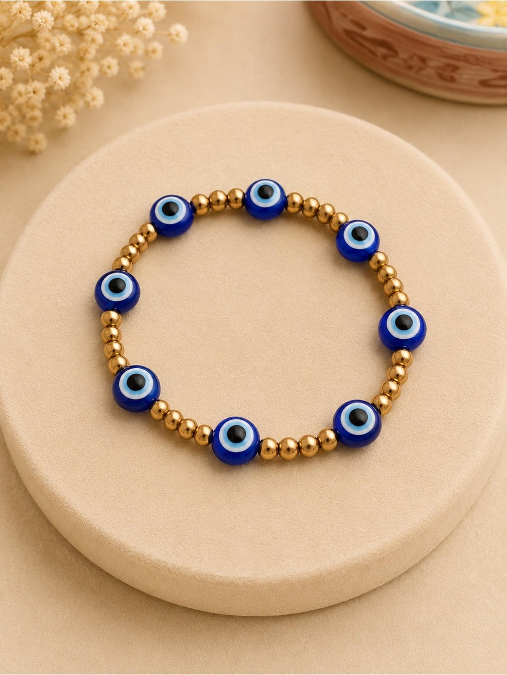 Evil Eye Beaded Stretch Bracelet - Blue and Gold